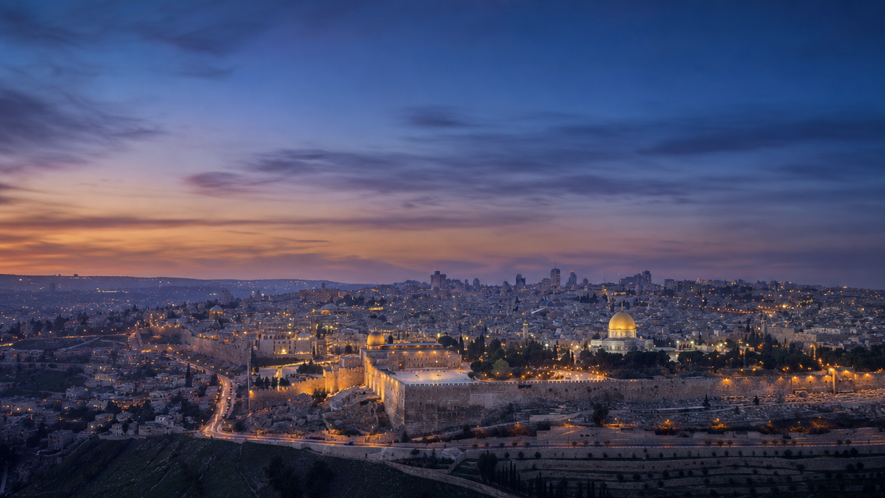 Jerusalem glowing at blue hour