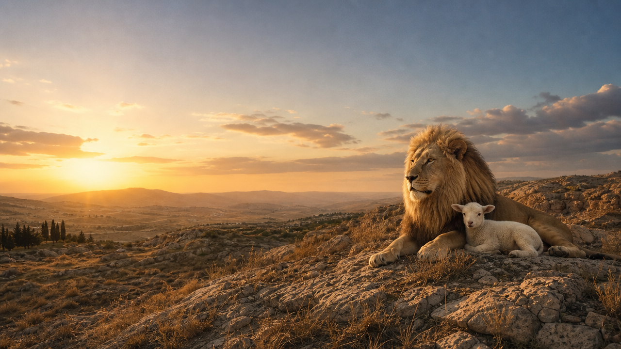 A lion resting beside a lamb in the Judean hills
