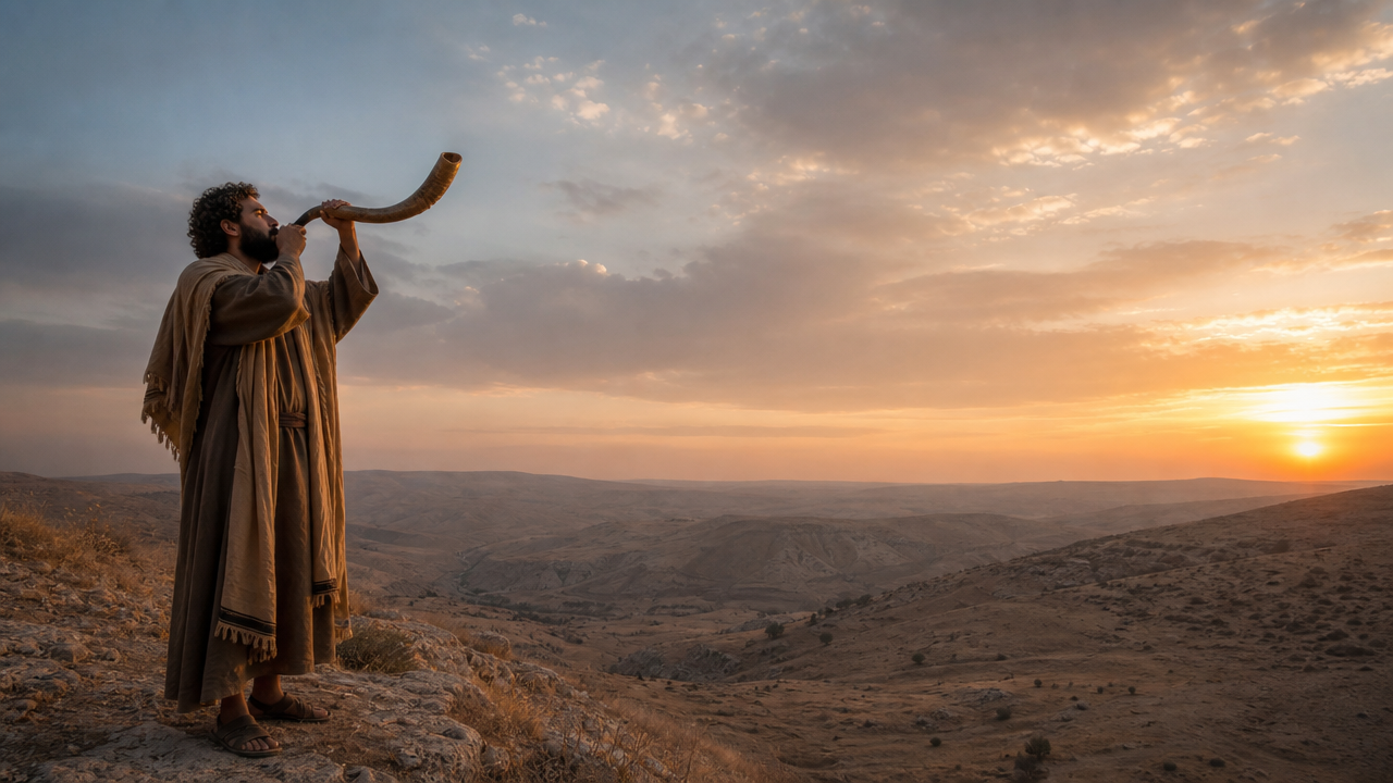 A man blowing a shofar over the Judean landscape