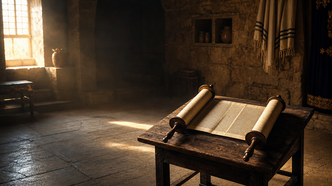 An open Torah scroll on a wooden reading table