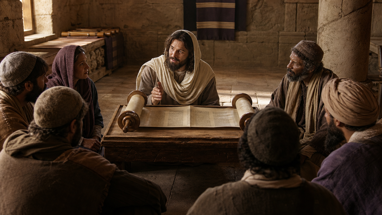 Yeshua teaching a group from an open Torah scroll in an ancient synagogue